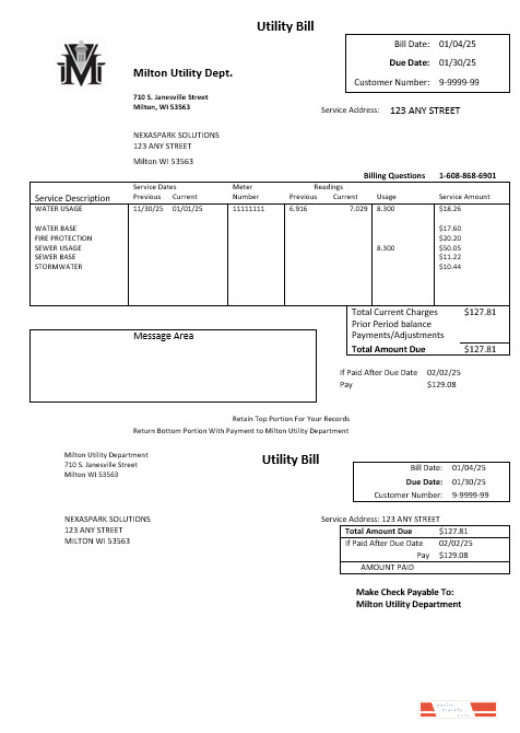 USA Massachusetts Milton Utility Dept water business utility bill template in Word and PDF formats